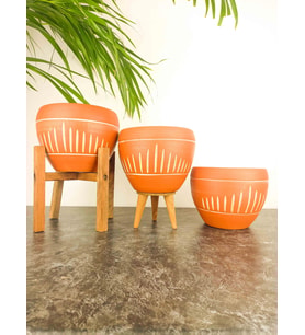 Bitki Tasarımı  Dik Çizgi Desenli Terrakota Toprak Saksı Saksılık Salon Çiçeklik Üçlü Set - 15 Cm