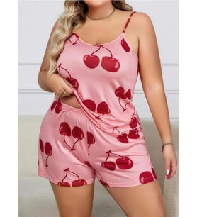 Amora Secret Büyük Beden Pembe Kiraz Desen İnce Askılı Pamuklu Şortlu Pijama Takımı