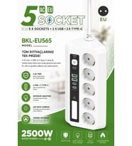 5 li Akım Korumalı Priz 2500w 2 Usb + 2 Type-c Hızlı Şarj Led Gece Lambalı Dokunmatik Beyaz