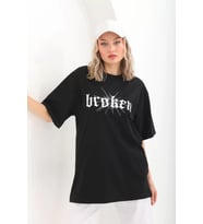Unisex Baskılı Oversize T-Shirt - Siyah