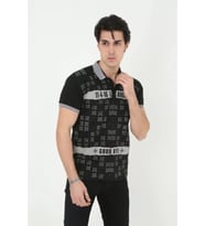 Erkek Yakalı Slim Fit Baskılı T-Shirt - Siyah