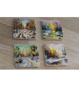 Karlı Kış Manzarası Doğal Taş Bardak Altlığı 4'lü set - Natural Stone Coasters
