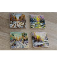 Karlı Kış Manzarası Doğal Taş Bardak Altlığı 4'lü set - Natural Stone Coasters