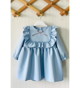 FIRFIR VE KURDELE DETAYLI TASARIM BEBE MAVİ KIZ ÇOCUK BEBEK ELBİSE (Bebek Mavisi)