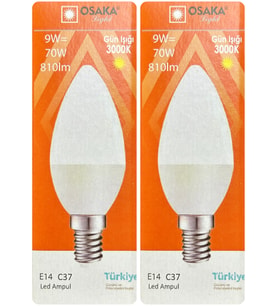 (2 Adet) Osaka 9W (70W) Sarı Işık (3000K) E14 Duylu (İnce Duy) Led Mum Ampul