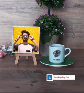 Aslan Fotoğraflı Dekoratif Taş, Ahşap Altlıklı Türk Kahvesi Fincanı Hediye (Model 9)