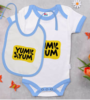 BK Kids Yum Yum Tasarımlı Mavi Bebek Body Zıbın ve Mama Önlüğü Hediye Seti-1