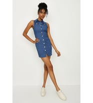 Kadın Önden Düğmeli Denim Elbise (Koyu Mavi)