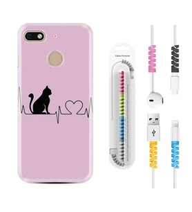 General Mobile GM8 Go GM9 GM20 Pro Plus Kılıf Kablo Koruma Spiral Silikon Pink Cat Heart 1303