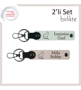 Patiyle Gelen Sadakat, Kedi Temalı, İsme Özel 2’li Anahtarlık Seti Kediseverlere Hediye, Beyaz-Pudra