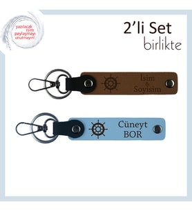 Gemi Dümeni Motifli 2’li Anahtarlık, İsme Özel Hazırlanan Şık Tasarım, Açık Kahve-Gök Mavi