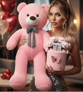 Anneler Özel Tasarım Seti 90 Cm Peluş Ayı ve Fotoğraflı 4'lü Pembe Ayıcık Buketi Sevgililer Günü Hediyesi Eşe, Kıza Hediye