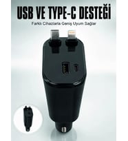 Araç Çakmaklık Şarj Cihazı 120W Type-C &amp; Lightning Kablolu Çoklu Hızlı Şarj İstasyonu