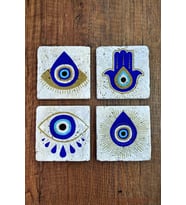 Baskılı Doğal Taş Bardak Altlığı 4'lü Set 10x10x1 Cm Nazar Boncuğu Desenli