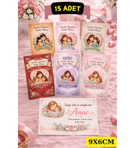 15 Adet Anneler Günü Kartı – Canım Annem Yazılı Çiçekli Tasarım Tebrik Kartı - Paketleme Kartı