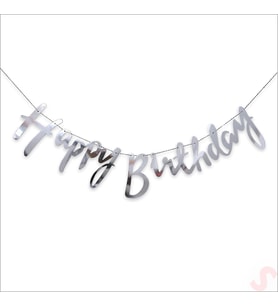Happy Birthday Parlak Karton Kaligrafi Banner, 2 mt - Gümüş