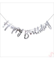 Happy Birthday Parlak Karton Kaligrafi Banner, 2 mt - Gümüş