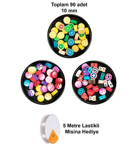 90 Adet 10 mm Polimer Kil Fimo Boncuk Takı Bileklik + 5 Metre Misina Hediye - Yin Yang - Karışık - L