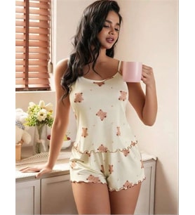 Amora Secret Ayıcık Desenli Askılı Şortlu Pijama Takımı