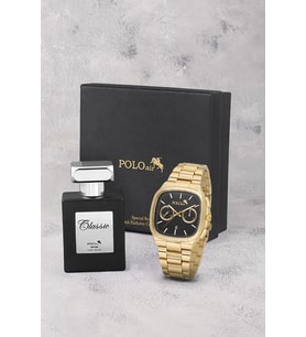 Polo Air Takvimli Kare Kasa Erkek Kol Saati Ve 55 ml Parfüm Seti Gold Siyah Renk ST-5023E6