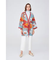 Peraluna Çicek Desenli Bol Kesim Pamuklu Kadın Triko Kimono - Çok Renkli