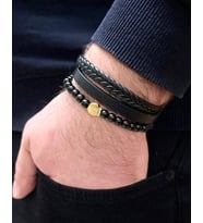Deri ve Çelik Mixli Boncuk Aksesuarlı 3 lü Erkek Bileklik 20 cm (Siyah)