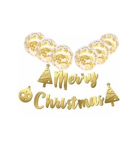Yılbaşı Şeffaf Konfetili Merry Christmas Kaligrafi Banner Gold