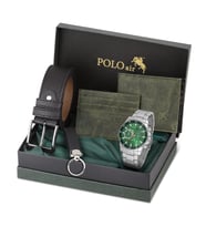 Polo Air Spor Kasa Erkek Kol Saati Cüzdan Kemer Kartlık Anahtarlık Set Kombin Gümüş Yeşil Renk PL-0995E4 (Yeşil-Grı)