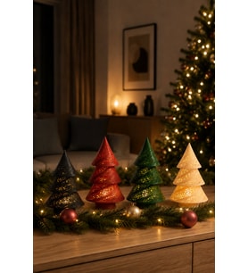 Dekoratif Yılbaşı Ağacı Tealight Mumluk Renkli Çam Ağacı Masa Süsü 4’lü Set