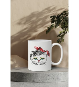 Süslü Kedi Desenli Kupa (Beyaz)