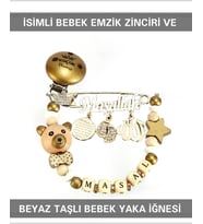 Sahi Aksesuar İsimli Bebek Emzik Zinciri ve Beyaz Taşlı Bebek Yaka İğnesi BEZYI025