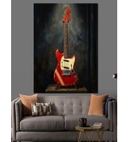 Karanlıkta Parlayan Kırmızı Elektro Gitar Dekoratif Kanvas - Mdf Ahşap Tablo