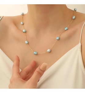 925 Ayar Gümüş Barock Fresh Blue Tatlısu İncisi Kolye-8mm (Gold)
