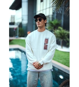 Erkek 3 iplik pamuklu Bisiklet Yaka Ön ve Arka Baskılı SweatShirt - Beyaz