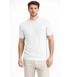 Erkek Yazlık Fitilli Triko Tişört Kısa Kol Bisiklet Yaka T-Shirt - Beyaz