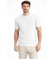 Erkek Yazlık Fitilli Triko Tişört Kısa Kol Bisiklet Yaka T-Shirt - Beyaz