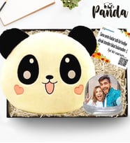 Kişiye Özel Çift Fotoğraflı Kar Küresi & Panda Peluş Yastık Hediye Seti