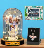 Premium Set - Kişiye Özel Led Işıklı Fanus ve Renkli Zümrüdü Anka Kuşu Kolyesi (Model 2)