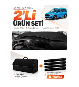 FORD TOURNEO CONNECT (2023-2026) Uyumlu Torpido Örtüsü + Tay Tüyü Bagaj Çantası Seti - Siyah