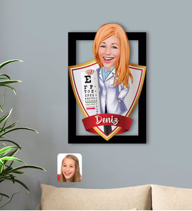 BK Gift Kişiye Özel İsimli Kadın Göz Doktoru Karikatürlü 3D Ahşap Tablo-1