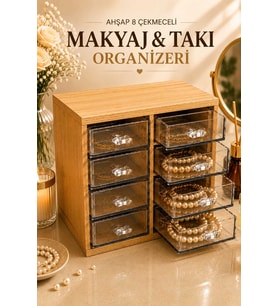 8 Çekmeceli Çok Amaçlı Ahşap Takı ve Makyaj Organizeri