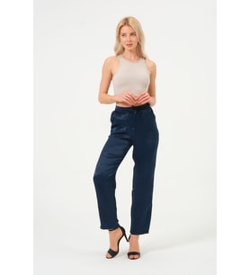 Kadın Yüksek Bel Parlak Saten Pantalon
