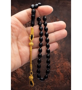 Altın Kaplama Gümüş Kazaz Püsküllü 8x11mm Arpa Kesim Oltu Tesbih (Siyah)