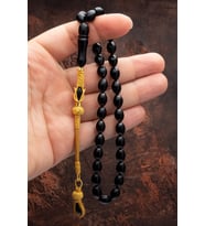 Altın Kaplama Gümüş Kazaz Püsküllü 8x11mm Arpa Kesim Oltu Tesbih (Siyah)