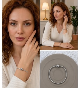 Premium Gümüş Renk Parlak ve Modern Taş Detaylı Charm Uyumlu 316L Çelik Bileklik (~18cm)