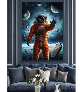 Uzayda Yürüyen Kızıl Astronot Dekoratif Kanvas - Mdf Ahşap Tablo