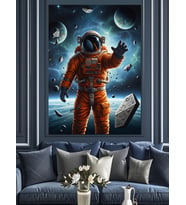 Uzayda Yürüyen Kızıl Astronot Dekoratif Kanvas - Mdf Ahşap Tablo