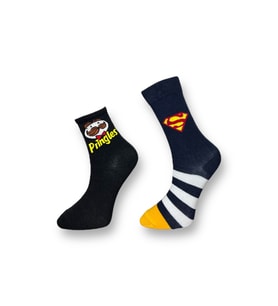 2'li Unısex Pringles ve Superman Tasarımlı Esnek Nem Alabilen Pamuklu Spor Soket Çoraplar (Çok Renkli)