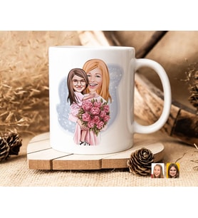 BK Gift Kişiye Özel Karikatürlü Anne Kız Tasarımlı Beyaz Kupa Bardak-20, Aileye Hediye , Karikatürlü Kupa Bardak