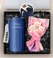 Kişiye Özel Çelik 500 ML Dereceli Termos & Üçlü Peluş Ayıcık Buketi Hediye Seti